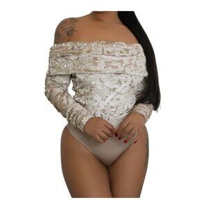 Jlux Label Great Love Champagne Sequin off shoulder Long sleeve Bodysuit Women M